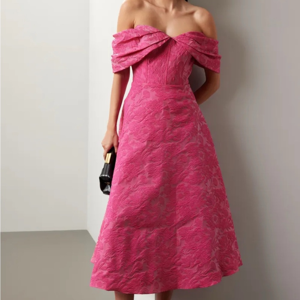 Fiona Cloud Floral Jacquard Theia Pink Passion Fruit Dress off shoulder
